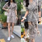 Knot-front Puff-sleeve Plaid Dress