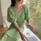 Puff-sleeve V-neck Floral Print Midi A-line Dress