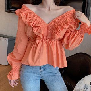 Puff-sleeve Ruffle Trim Plain Blouse