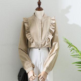 Long-sleeve Stand-collar Wood Ear Trim Striped Shirt