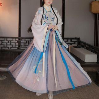 Hanfu Set Of 3 : Embroidered Long-sleeve Coat + Long-sleeve Top + Embroidered Semi-body Maxi Skirt