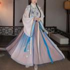 Hanfu Set Of 3 : Embroidered Long-sleeve Coat + Long-sleeve Top + Embroidered Semi-body Maxi Skirt