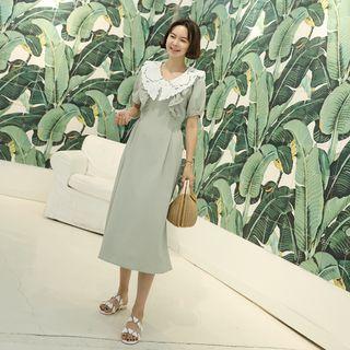 Lace-collar Puff-sleeve Tie-waist Dress