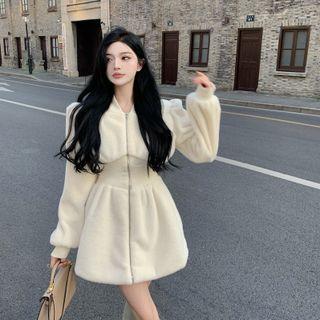 Lantern-sleeve Zip-up Fleece Coat