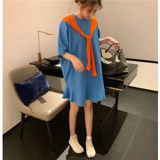 Plain Loose-fit Short-sleeve Ruffle Dress / Plain Shawl