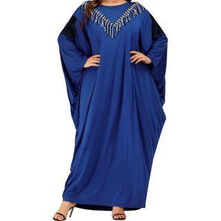 Batwing-sleeve Fringed Midi A-line Dress Blue - One Size
