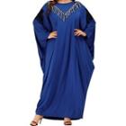 Batwing-sleeve Fringed Midi A-line Dress Blue - One Size