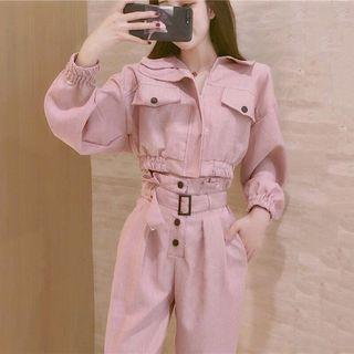 Set: Cropped Zip Jacket + Belted Straight-cut Pants