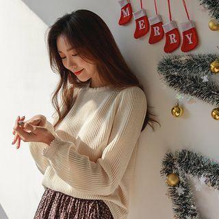 Lace-trim Puff-sleeve Rib-knit Top