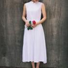 Mandarin Collar Polka Dot Sleeveless A-line Midi Dress