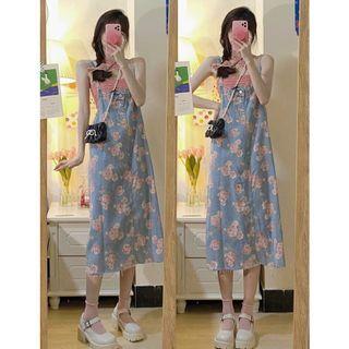 Cross Strap Cropped Halter Top / Flower Print Midi Denim Overall Dress