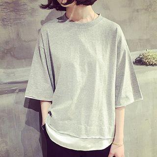 Mock Two-piece 3/4-sleeve Plain T-shirt