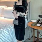 Long-sleeve Floral Mesh Panel Velvet Sheath Dress