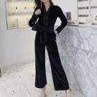 V-neck Long-sleeve Velvet Wide Leg Jumpsuit