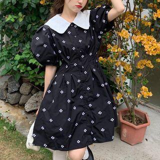 Puff-sleeve Contrast Collar Embroidered Mini A-line Dress