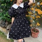 Puff-sleeve Contrast Collar Embroidered Mini A-line Dress