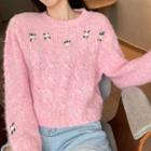 Floral Embroidered Cable-knit Sweater Pink - One Size
