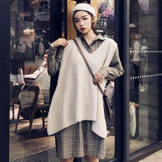 Plaid Long-sleeve Shirt Dress / V-neck Knit Vest