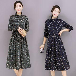 Long-sleeve Floral Print Corduroy A-line Midi Dress