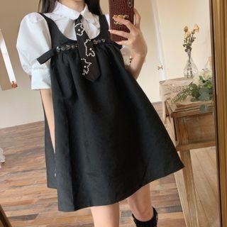 Puff-sleeve Shirt / Overall Dress / Unicorn Print Neck Tie