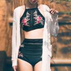 Flower Embroidered High Neck Bikini / Cover-up