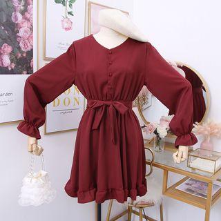 Ruffled-trim V-neck Mini Shirtdress With Sash