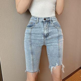 High-waist Frayed Slim Fit Denim Shorts