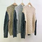 Round-neck Two-tone Cable-knit Sweater