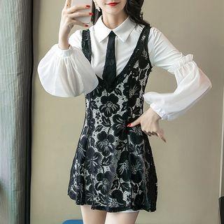 Set: Balloon-sleeve Shirtdress + Lace Jumper Dress
