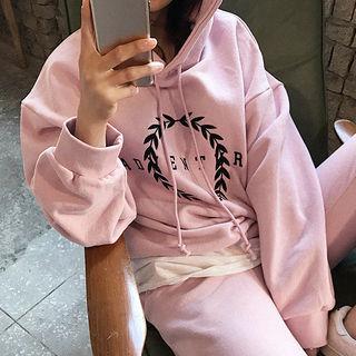 Set: Lettering-embroidered Fleece-lined Hoodie + Sweatpants