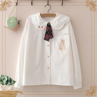 Cartoon Print Long-sleeve Blouse White - One Size