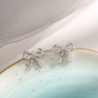 925 Sterling Silver Cz Ribbon Stud Earring Bow - Silver - One Size