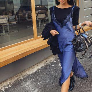Lace-trim Slit-side Long Spaghetti Strap Dress