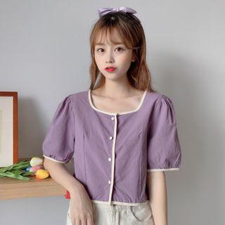 Contrast Trim Short Sleeve Button-front Blouse