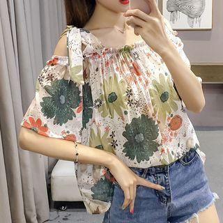 Elbow-sleeve Cold-shoulder Floral Print Top
