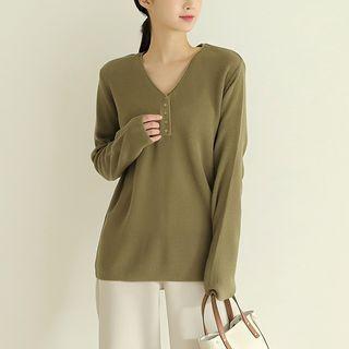 V-neck Ribbed Knit Henley