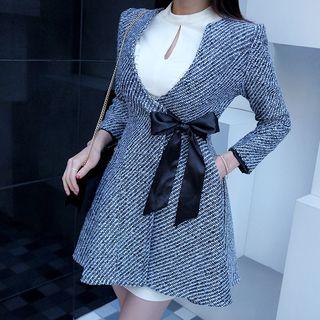Stripe Bow-tied Tweed Coat