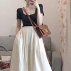 Short-sleeve Square Neck Top / Midi A-line Skirt / Set