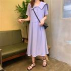 Plain Peter Pan-collar Midi Dress Violet - One Size