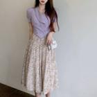 Short-sleeve Double-breasted Top / Floral Midi A-line Skirt