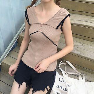 Contrast Trim Collared Sleeveless Knit Top