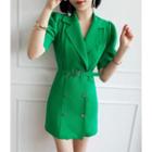 Notched-lapel Double-breasted Dress With Belt One Size