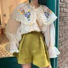 Ruffle Trim Floral Embroidered Blouse / High-waist Plain Shorts
