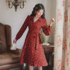 Print Tie-waist V-neck Long Sleeve Dress