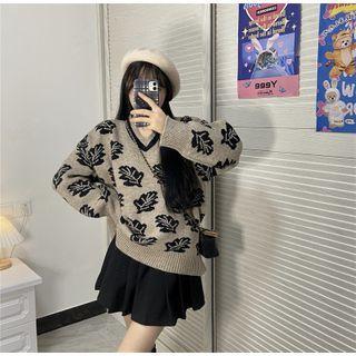 Leaf Print Sweater Black & Gray - One Size