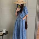 Puff-sleeve Floral Midi Sundress Blue - One Size