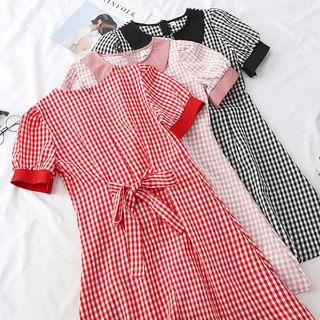 Short-sleeve Gingham A-line Mini Dress