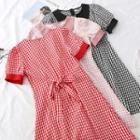 Short-sleeve Gingham A-line Mini Dress