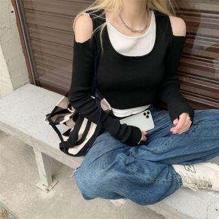 Color-block Panel Mock Two-piece Round-neck Off-shoulder Tee