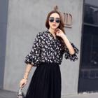 Elbow-sleeve Tie-neck Dotted Top